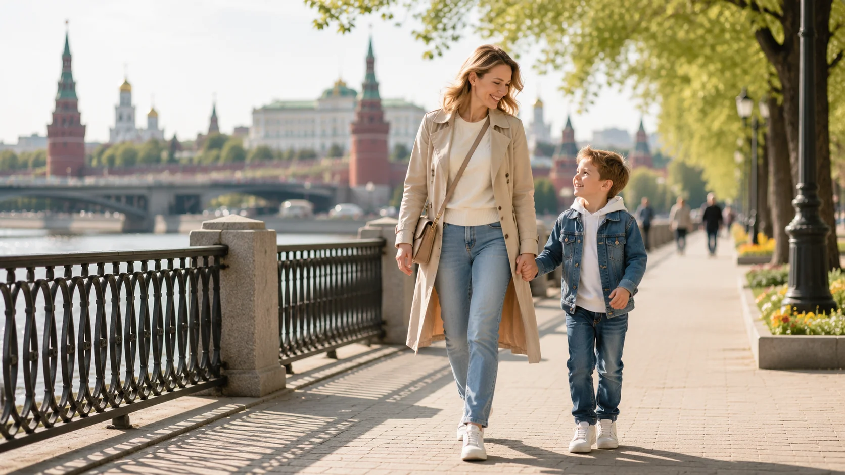 Мама и ребёнок гуляют по Москве в выходной день