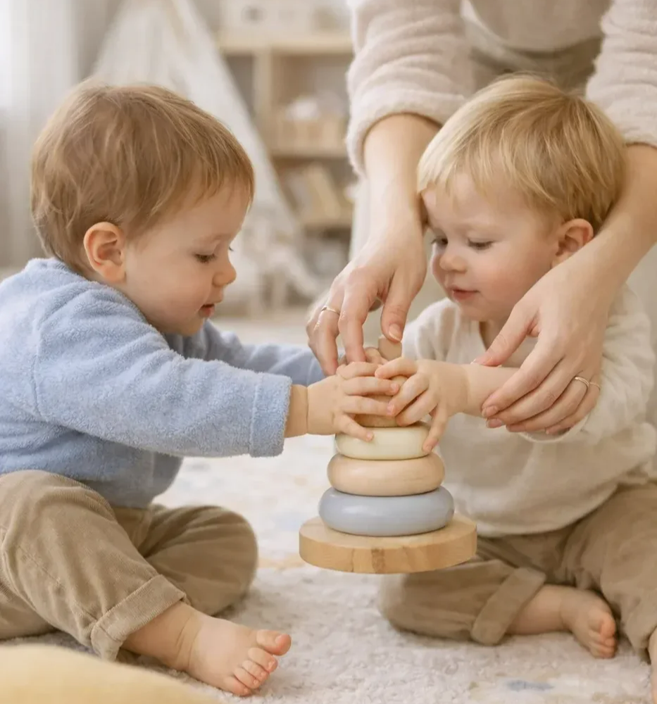 родитель помогает детям мирно играть и делиться игрушками