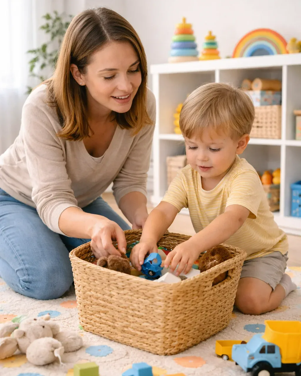родитель помогает ребёнку убрать игрушки после игры