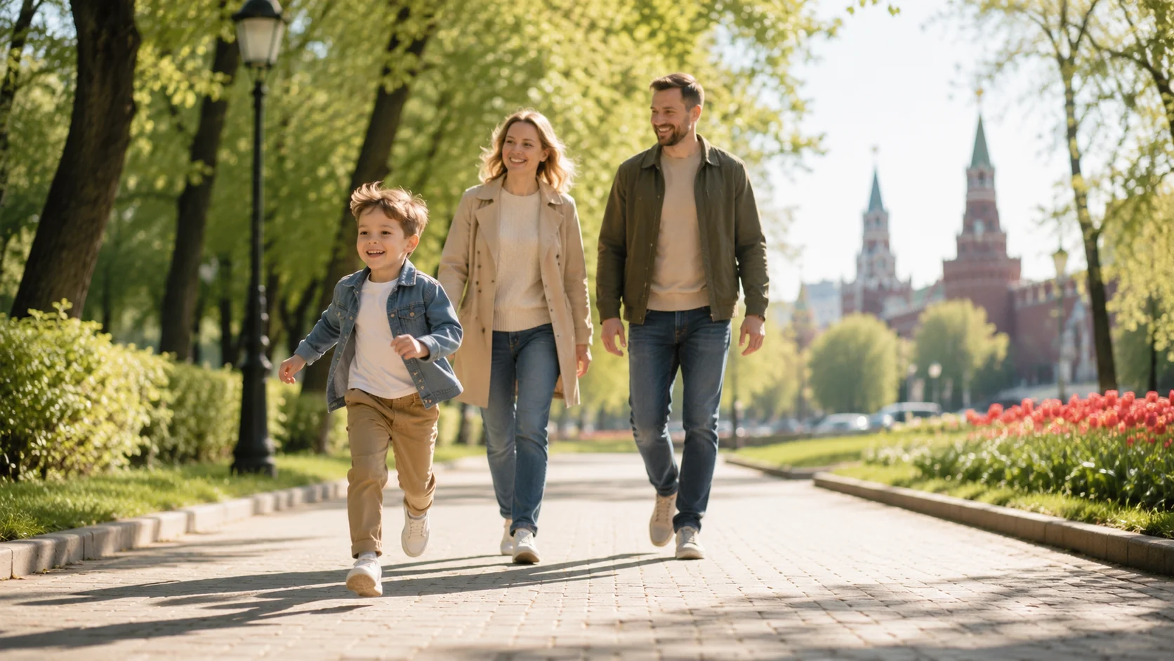 Семья гуляет с ребёнком в парке Москвы